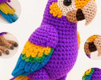 Patrón de ganchillo de loro en PDF, patrón de amigurumi de pájaro, peluche de loro tropical, tutorial de juguete de ganchillo, descarga digital