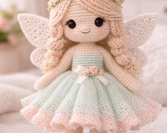 Muñeca hada de ganchillo, princesa amigurumi, alas en tonos pastel, decoración bohemia para habitación infantil (descarga del patrón)