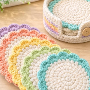 Crochet Coaster Set Pattern PDF – Easy Handmade Pastel Flower Coasters for Beginners, Cute Home Decor Gift