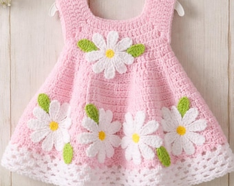 Vestido de bebé niña hecho a mano a crochet – Aplicación de flores blancas – Conjunto para cumpleaños, bautizo y fiestas – 1-2 años – Regalo para bebé niña