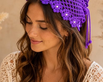 Crochet Triangle Headscarf Pattern PDF, Boho Bandana Kerchief, Crochet Hair Scarf with Bobble Edge, Beginner Friendly