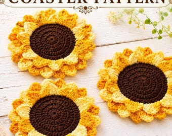 Patrón de posavasos de girasol a crochet en PDF / Tutorial fácil para principiantes sobre posavasos florales / Decoración rústica hecha a mano para el hogar (descarga instantánea)