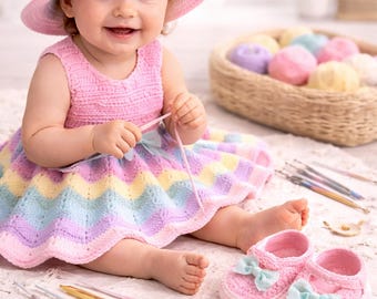 Conjunto de vestido, gorro y zapatos de ganchillo para bebé – Conjunto arcoíris en tonos pastel (patrón digital en PDF)