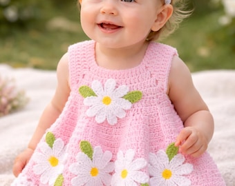Patrón de vestido de bebé a crochet – Aplicación de margaritas rosas, descarga en PDF – Edades de 1 a 2 años