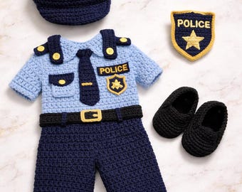 Patrón PDF de uniforme de policía a crochet: camisa, pantalones cortos, gorro, corbata, zapatos, placa (descarga digital)