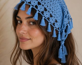 Blue Crochet Bandana Pattern PDF with Floral Lace Border, Tassel Trim and Tie Straps, Beginner-Friendly Triangle Headscarf Crochet Tutorial