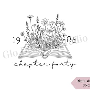 Può includere: Illustrazione in bianco e nero di un libro aperto con fiori di campo e la scritta "chapter forty". I numeri "19" e "86" sono ai lati del libro. Una freccia rosa indica un download digitale.