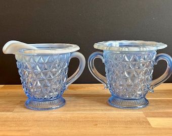 Vintage Imperial Glass Katy Blue Opalescent Creamer & Sugar Set | Laced Edge Depression Glass | Cottagecore Farmhouse Decor Curated