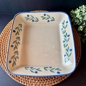 Rare Vintage Hartstone Pottery Blueberry Square Vegetable Bowl | 12” Deep Baker Platter | Handcrafted USA Stoneware | Cottagecore Farmhouse