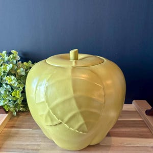 May include: A matte light green ceramic jar shaped like an apple with a removable lid. The exterior features a textured surface with a prominent leaf design embossed on the front. The container has a rounded, bulbous form and a small stem on top.