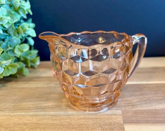 Vintage Jeannette Cube Pink Glass Creamer | Depression Glass Milk Pitcher | Cubist Pattern | Cottagecore Farmhouse Decor | 2 Available