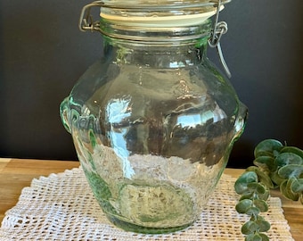 Vintage Italian Hermetic Glass Jar with Clamp Lid | Green Glass Canister | Rustic Pantry Storage | Cottagecore Kitchen Decor