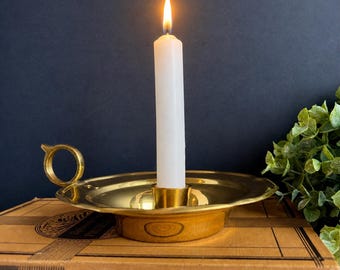 Vintage Brass Chamberstick Candle Holder • Teleflora • Finger Loop Handle • Cottage Farmhouse Decor