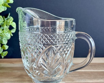 Vintage Clear Glass Creamer • Diamond Pattern Pitcher • Fan Motif • EAPC Style • Cottage Kitchen Decor • Coffee Creamer Server