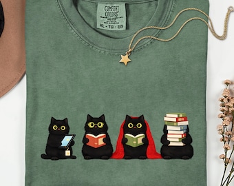 Black Cats-leesshirt | Comfortkleuren 1717 | Cadeau boekenliefhebber | Esthetisch kinderachtig T-shirt | Cute Cat Reader-top | Gezellige bibliothecaris | Boekenwurm