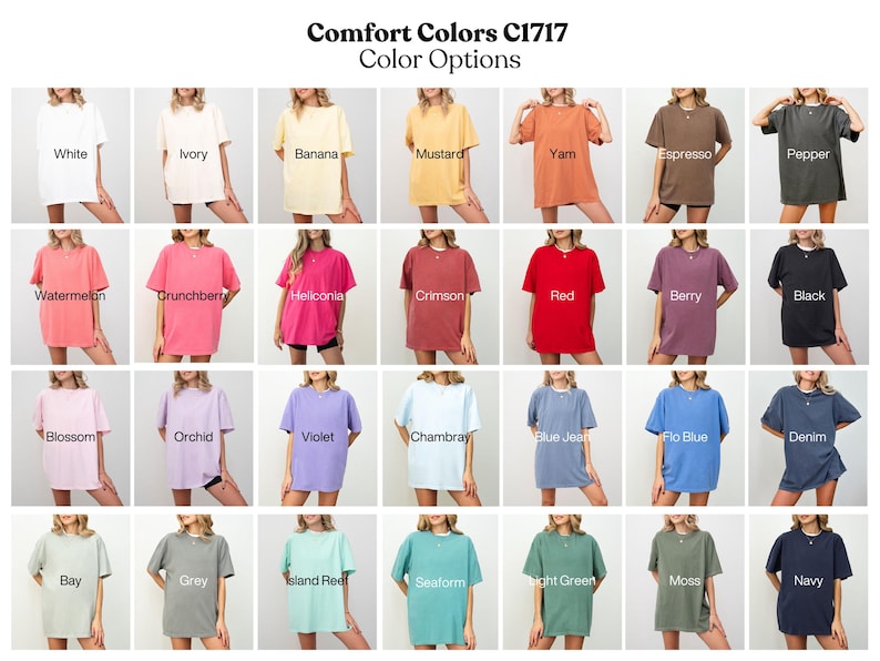 Op de afbeelding: Een raster van Comfort Colors C1717 t-shirts in diverse kleuren, waaronder wit, ivoor, banaan, mosterd, yam, espresso, peper, watermeloen, grunchberry, heliconia, karmozijn, rood, bes, zwart, bloesem, orchidee, violet, chambray, blue jean, flo blue, denim, bay, grijs, island reef, seaform, lichtgroen, mos en marine.