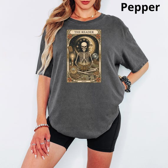 The Reader Tarot Card Shirt, Comfort Colors Skeleton Reading Tee, Aesthetic Bookish Gift, Dark Academia Gothic Book Shirt, Mystic Moon Top.