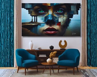 Abstract Face Coastal Canvas Art, Surreal Ocean Portrait, Geometric Fragmented Artwork