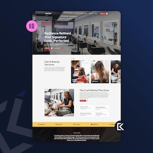 Puede incluir: Maqueta de sitio web para una peluquería, con un diseño moderno. El sitio incluye secciones para servicios, una galería y testimonios. El encabezado muestra el texto "Radiance Refined. Your Signature Look, Perfected."