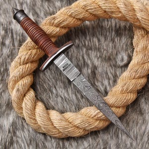 Custom Handmade Damascus Steel Double Edge Blade Dagger Knife Leather Handle