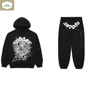 May include: Black hoodie and sweatpants set. The hoodie features a white spider web design with the word "spider" in a stylized font. The sweatpants have the word "spider" on the back. The set is from Eden Streetwear.