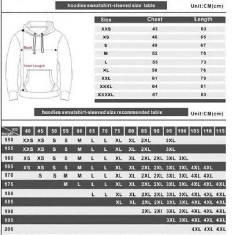 May include: A size chart for hoodies and sweatshirts, showing chest and length measurements in centimeters. The chart includes sizes from XXS to XXXXL, and a size recommendation table based on height and weight.