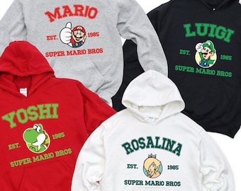 Super Mario Bros Character Hoodies, Mario, Luigi, Yoshi, Rosalina Est 1985