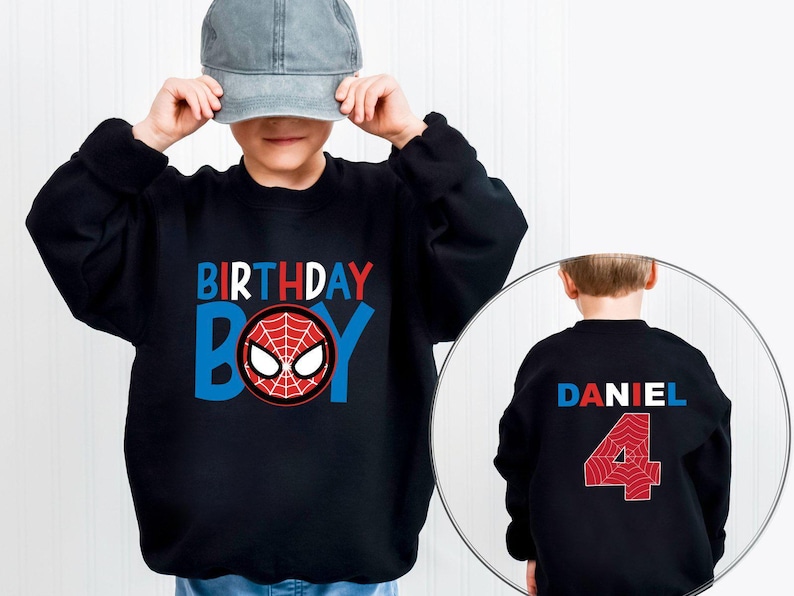 Spidey Birthday Sweatshirt, Custom Name Age, Video Game Theme Party Hoodie image 1