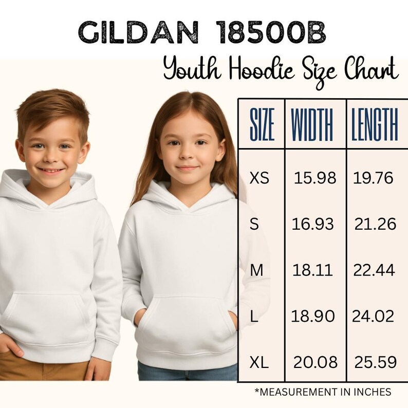 two children, a boy and a girl, wearing white hoodies. The image is a youth hoodie size chart, providing measurements for different age groups.