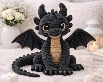 Patrón de ganchillo de dragón, patrón de amigurumi de dragón negro en PDF, idea de regalo para niños, patrón de ganchillo de fantasía, juguete de ganchillo de animales salvajes