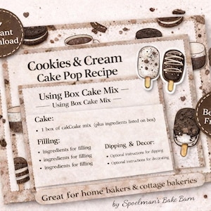 Può includere: Una ricetta PDF stampabile per Cake Pops Cookies & Cream. La ricetta include istruzioni per la torta, la farcitura e la decorazione. L'immagine presenta illustrazioni di cake pops, biscotti ed elementi decorativi, con il testo "Beginner Friendly".