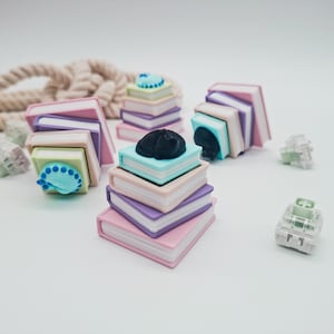 Può includere: Miniature pile di libri dai colori pastello, sormontate da piccoli elementi decorativi. I libri hanno copertine rosa, viola e blu con pagine bianche. Una corda è sullo sfondo e piccoli oggetti verde chiaro sono sparsi.