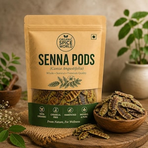 Può includere: Una confezione di Senna Pods (Cassia Angustifolia) da Organic Spice World. La busta marrone ha una finestra trasparente che mostra i baccelli. Una ciotola di legno piena di baccelli è appoggiata su una superficie di legno. Il testo recita: 100% Biologico, Senza chimici, Raccolto a mano, Naturale e puro.