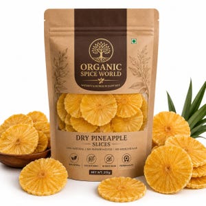 Fatias de abacaxi orgânico desidratado, 15 a 20 fatias por 100g.