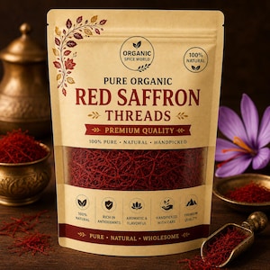 Può includere: Una busta beige di fili di zafferano rosso biologico puro con una finestra trasparente. La confezione include il testo "Organic Spice World" e "Premium Quality". Lo zafferano è di colore rosso intenso e la confezione indica che è naturale al 100% e raccolto a mano.