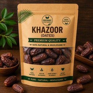 May include: A brown paper bag of dates with the text "KHAZOOR (DATES)" and "PREMIUM QUALITY". The bag also has the text "100% NATURAL & WHOLESOME". The dates are visible through a clear window. The bag is on a wooden surface.