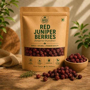May include: A kraft paper bag of red juniper berries with the text "Red Juniper Berries" and "Organic Spice World". A small wooden bowl and a pile of berries are next to the bag. The berries are whole, natural, and premium quality.