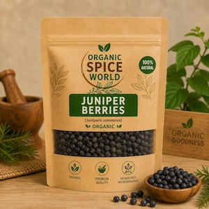 May include: A brown paper bag of juniper berries with a clear window, showing the dark berries. The bag is labelled "Organic Spice World" and "Juniper Berries." A small wooden bowl of berries is next to the bag, with "Organic Goodness" on a wooden box.