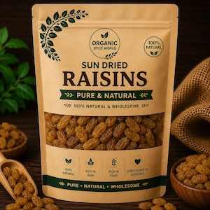 May include: A brown paper bag of sun-dried raisins. The bag is labelled "SUN DRIED RAISINS", "ORGANIC SPICE WORLD", and "PURE & NATURAL". The bag is filled with golden-brown raisins. The text "100% NATURAL" is also visible on the bag.