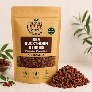 May include: A brown paper bag of sea buckthorn berries with a clear window, and a pile of berries beside it. The bag features the text "Organic Spice World" and "Sea Buckthorn Berries", with the words "Organic", "Premium Quality", and "No Additives No Preservatives".