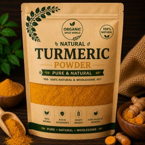 Puede incluir: Un paquete de cúrcuma en polvo con el texto "TURMERIC POWDER" y "100% NATURAL". El paquete es de color beige con texto y gráficos verdes y blancos. Una cuchara y un cuenco de madera con cúrcuma en polvo están en primer plano.