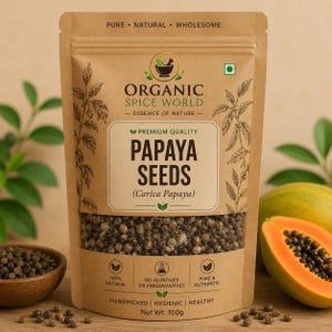 Pode incluir: Uma bolsa de papel kraft castanho contendo 100g de sementes de papaia secas. O rótulo apresenta o texto Organic Spice World, Papaya Seeds, Carica Papaya, e lista atributos como 100% natural, sem aditivos ou conservantes, puro e autêntico.
