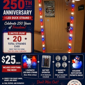 May include: A patriotic LED light strand featuring red, white, and blue bulbs shaped like ducks. The set includes a battery pack for three AA batteries and four magnetic hooks for installation. The text reads Patriotic 250th Anniversary.