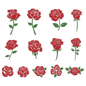 May include: A collection of red rose illustrations with green stems and leaves. The roses vary in size and style, some fully bloomed and others in bud form. The designs are set against a clean white background.