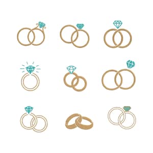 May include: A collection of nine embroidered wedding ring designs. Each ring is gold-colored and features a teal-colored diamond. The rings are arranged in various overlapping and interlocking configurations, set against a white background.