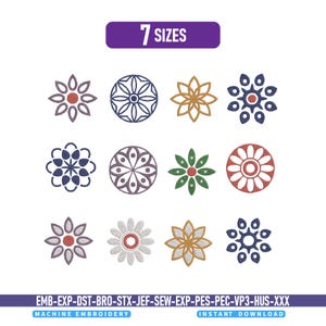 May include: A digital collection of twelve distinct floral and geometric embroidery designs arranged in a grid. The text 7 SIZES appears at the top, and the text EMB-EXP-DST-BRO-STX-JEF-SEW-EXP-PES-PEC-VP3-HUS-XXX MACHINE EMBROIDERY INSTANT DOWNLOAD at the bottom.