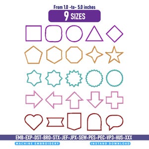 Frame Applique Design Set | Shape Appliques Satin Outline, Monogram Border Frames, Circle, Rectangle, Triangle, Star, Pentagon Embroidery