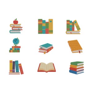 May include: A collection of colorful book illustrations. The image features stacks of books, open books, and individual books in various colors, including red, green, yellow, and blue. Some stacks have an apple or a globe on top.