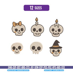 Skull Embroidery Design Bundle; Cute Halloween Skull Machine Embroidery Files, Spooky Skull Pattern, Halloween Applique Embroidery 1.5-to7.0