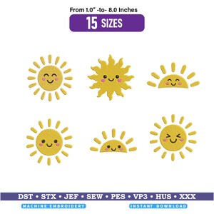 Puede incluir: Seis diseños de bordado a máquina de soles amarillos con caras sonrientes y mejillas rosadas. El texto dice From 1.0"-to- 8.0 Inches 15 SIZES y DST STX JEF SEW PES VP3 HUS XXX MACHINE EMBROIDERY INSTANT DOWNLOAD.